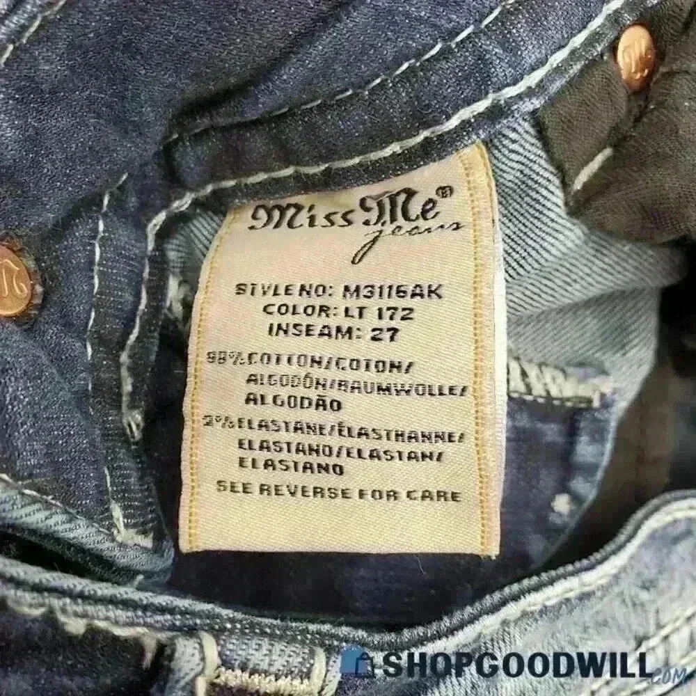 Miss Me Skinny Embellished Blue Denim Jeans Button Studded 5-Pocket Women 27x35 - Picture 3 of 12